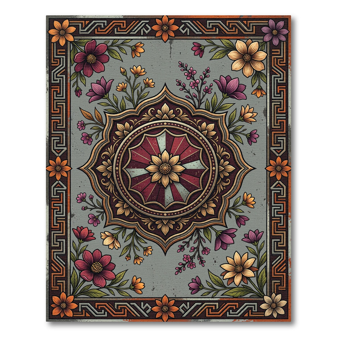 Vintage Floral Medallion Gray Boho Rug