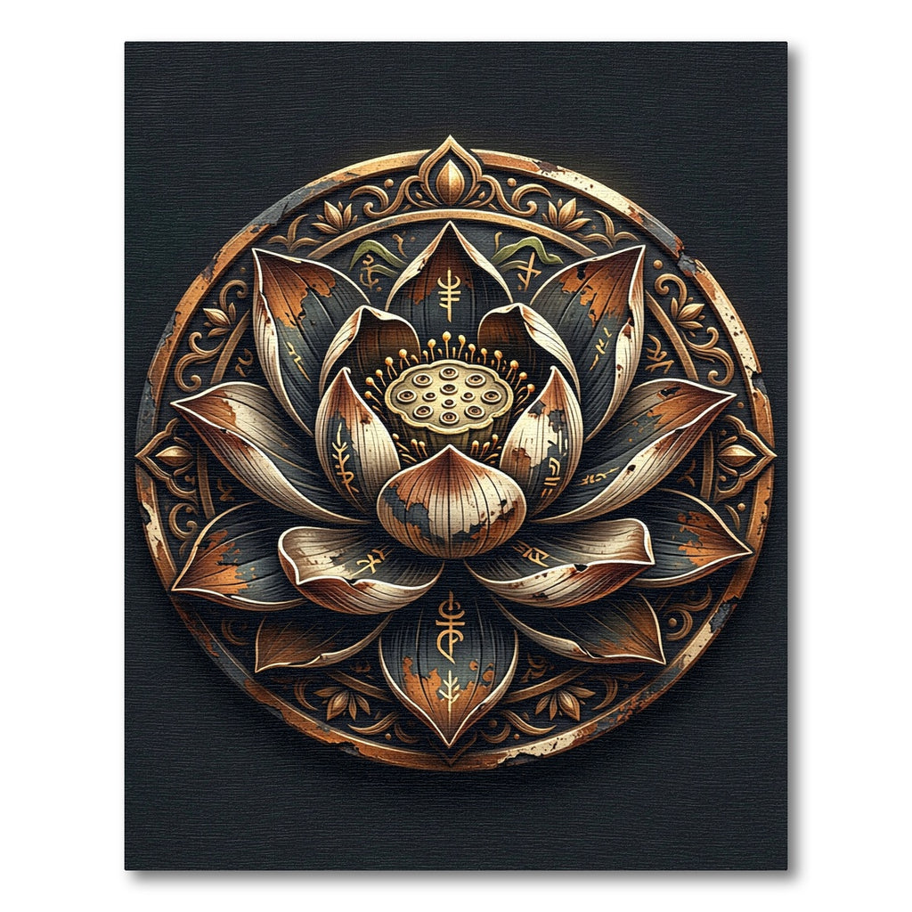 Distressed Black and Gold Lotus Medallion Rug