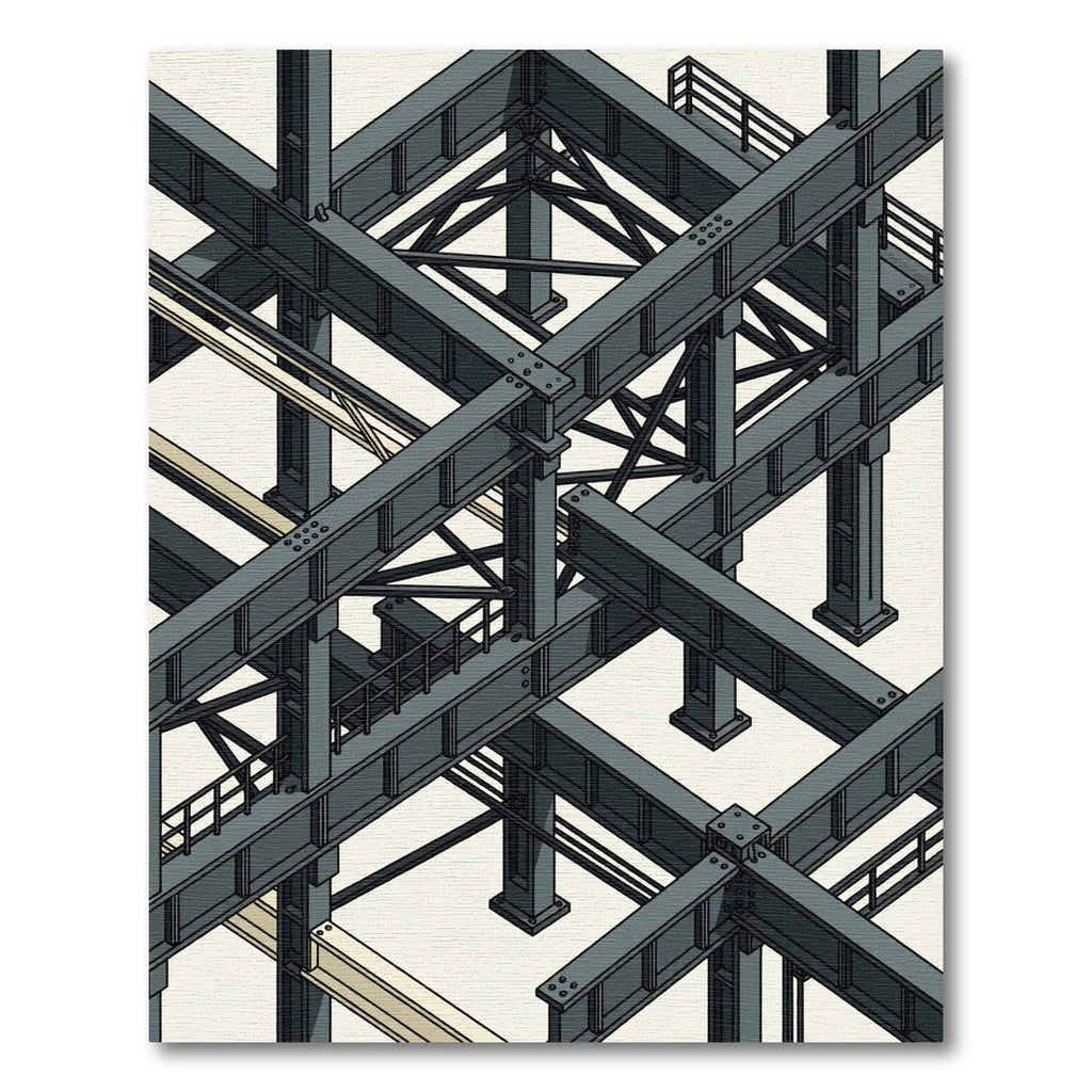 Industrial Gray Isometric Steel Beam Grid Rug