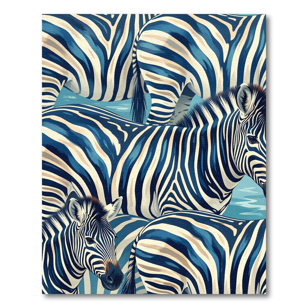 Blue White Zebra Herd Illustration Rug