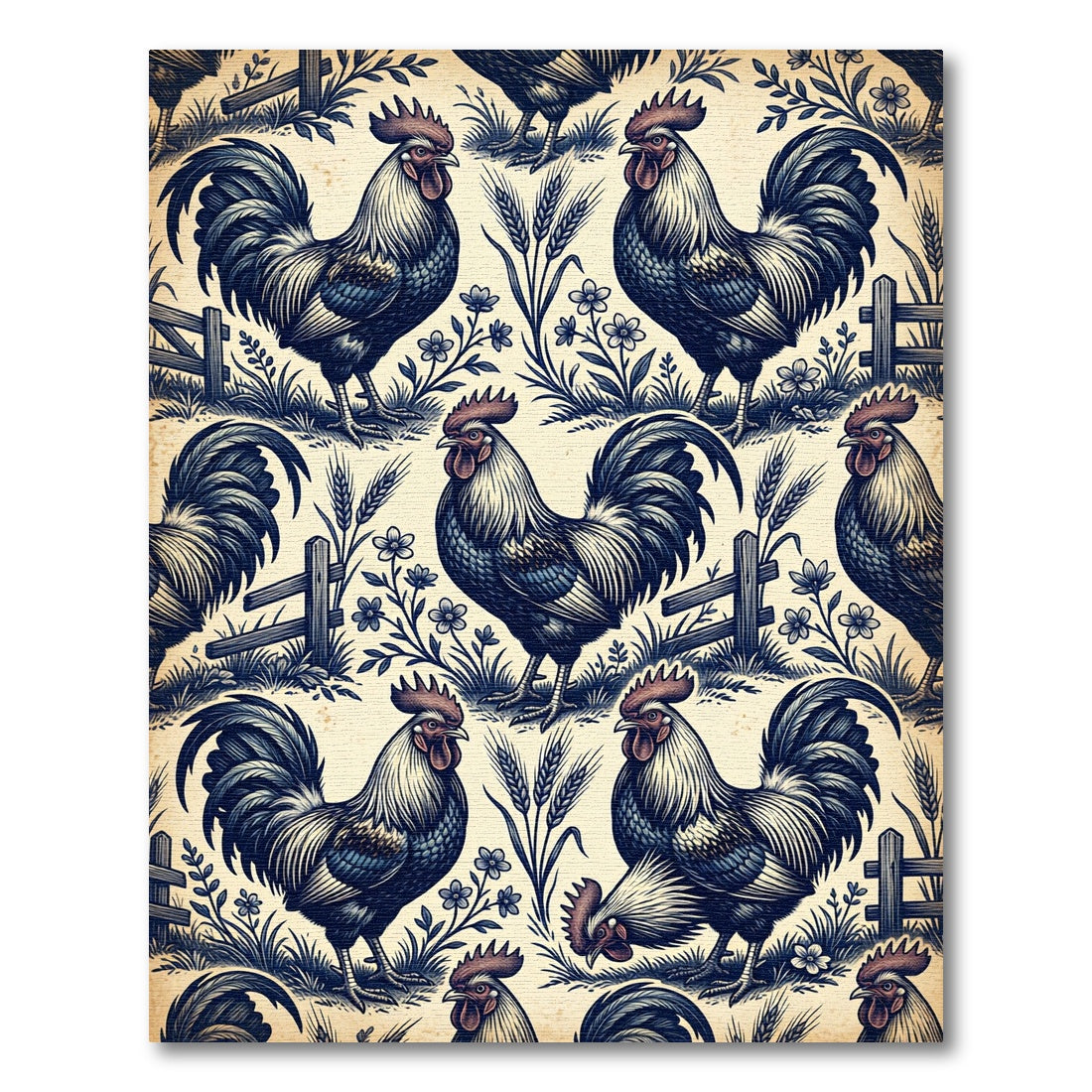 Vintage Blue Rooster Farmhouse Toile Rug