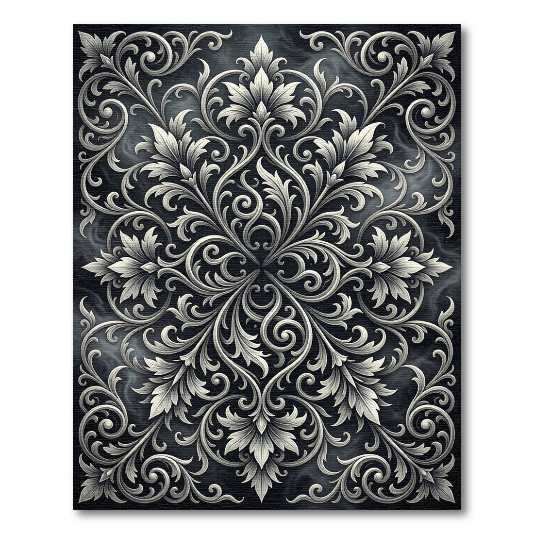 Ornate Ivory Floral Scrollwork Art Rug