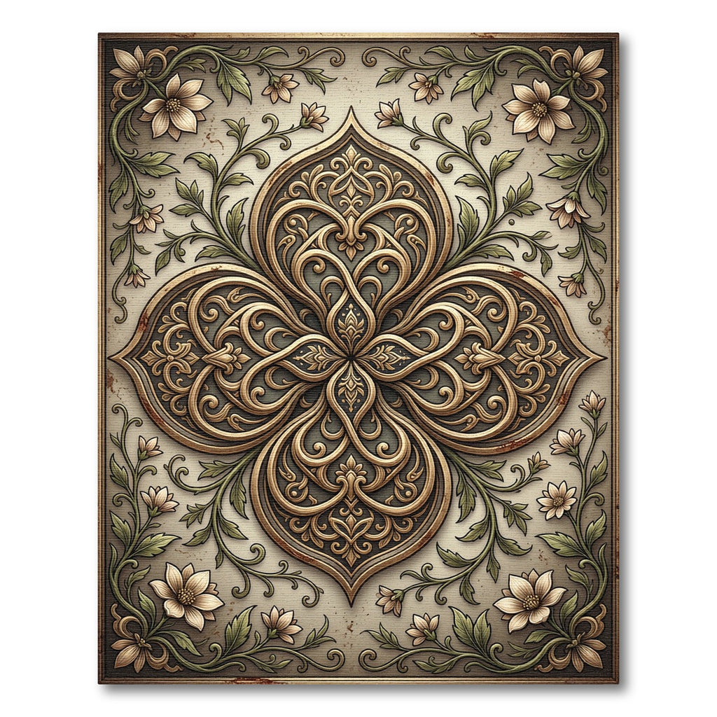 Ornate Golden Floral Vine Medallion Rug