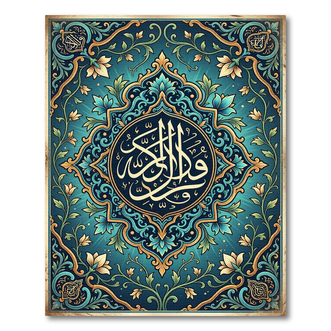 Ornate Teal Floral Calligraphy Medallion Rug