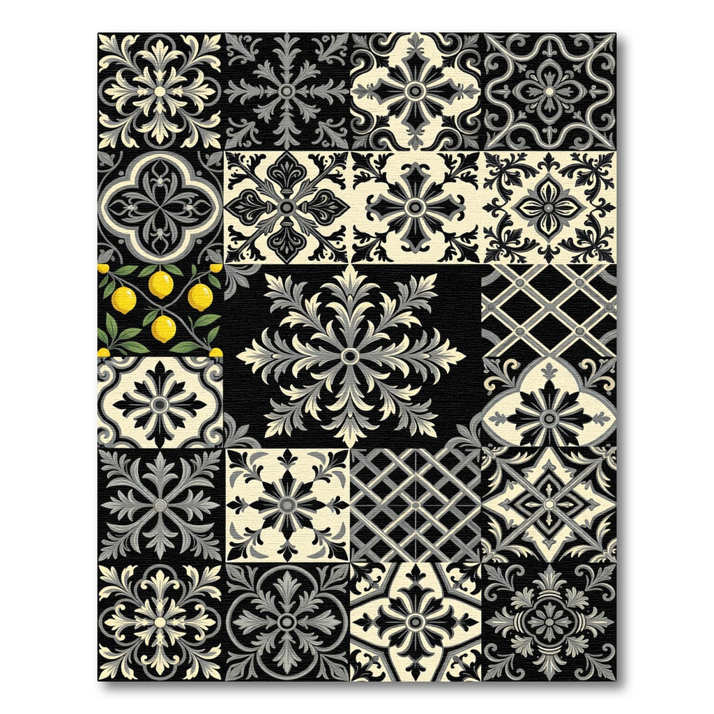 Black Gray Cream Medallion Tile Collage Rug