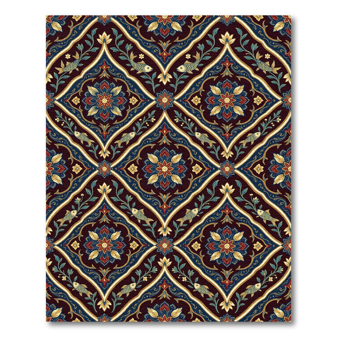 Ornate Deep Blue Floral Fish Medallion Rug