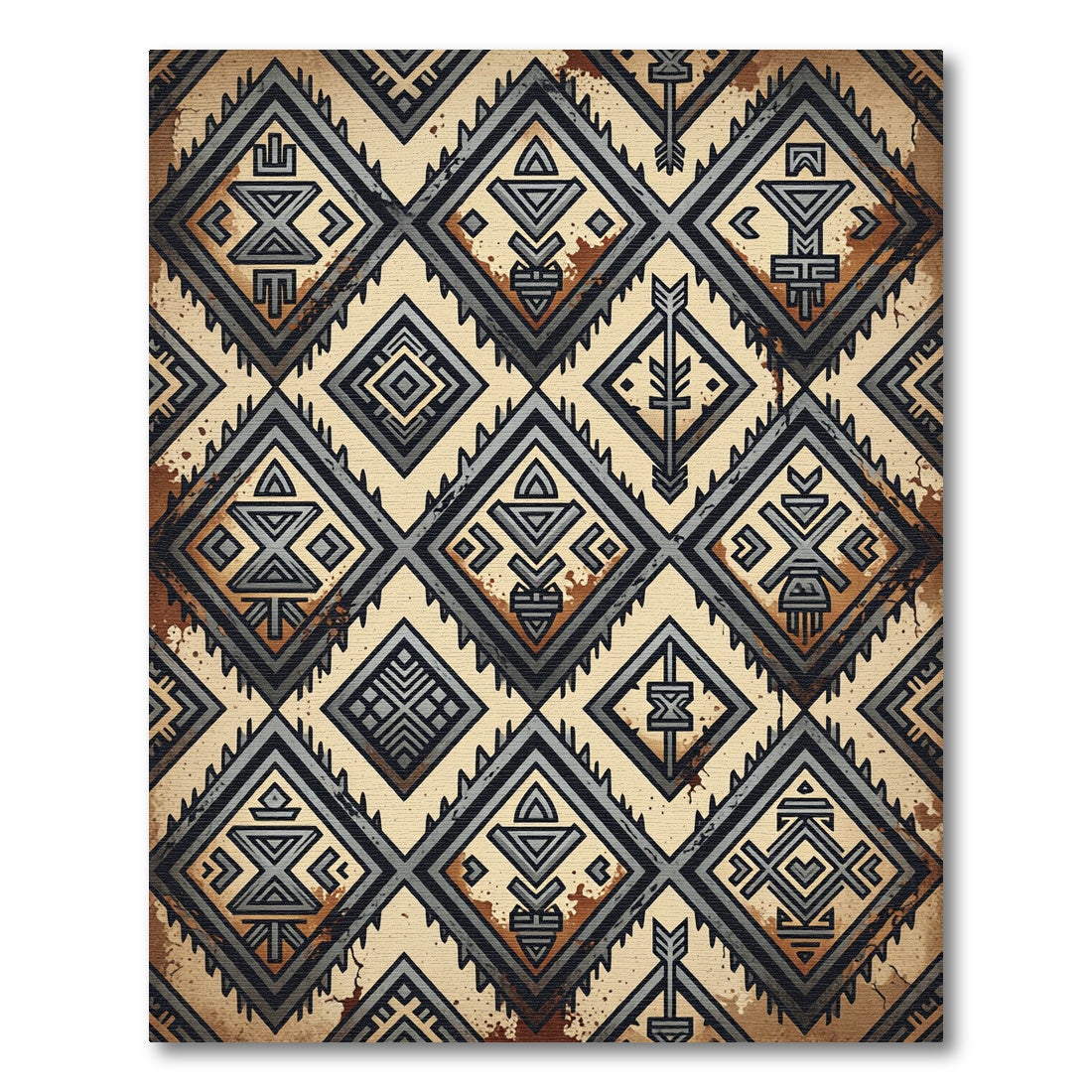 Rustic Graphite Geometric Tribal Diamond Rug