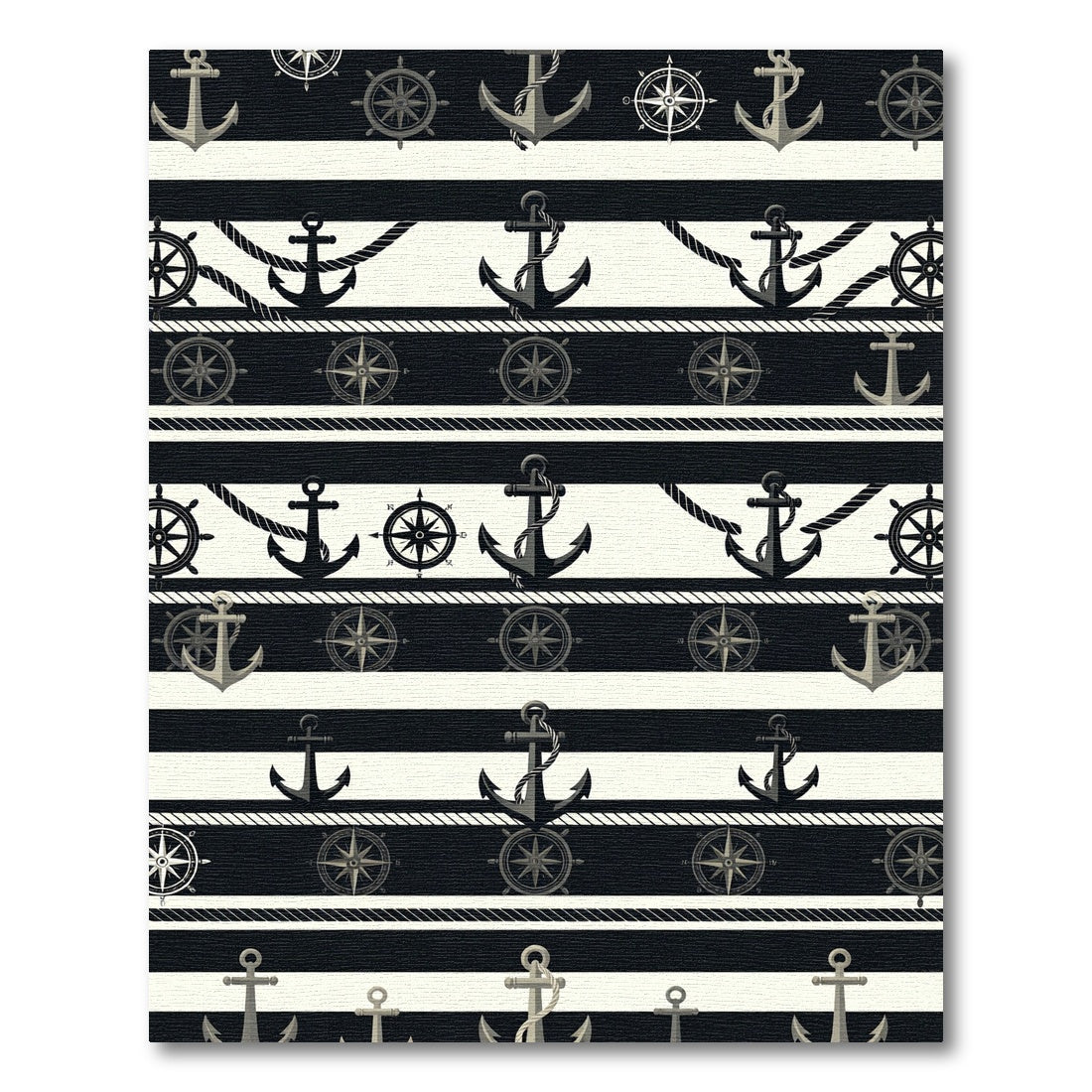 Nautical Anchor Compass Striped Black White Rug