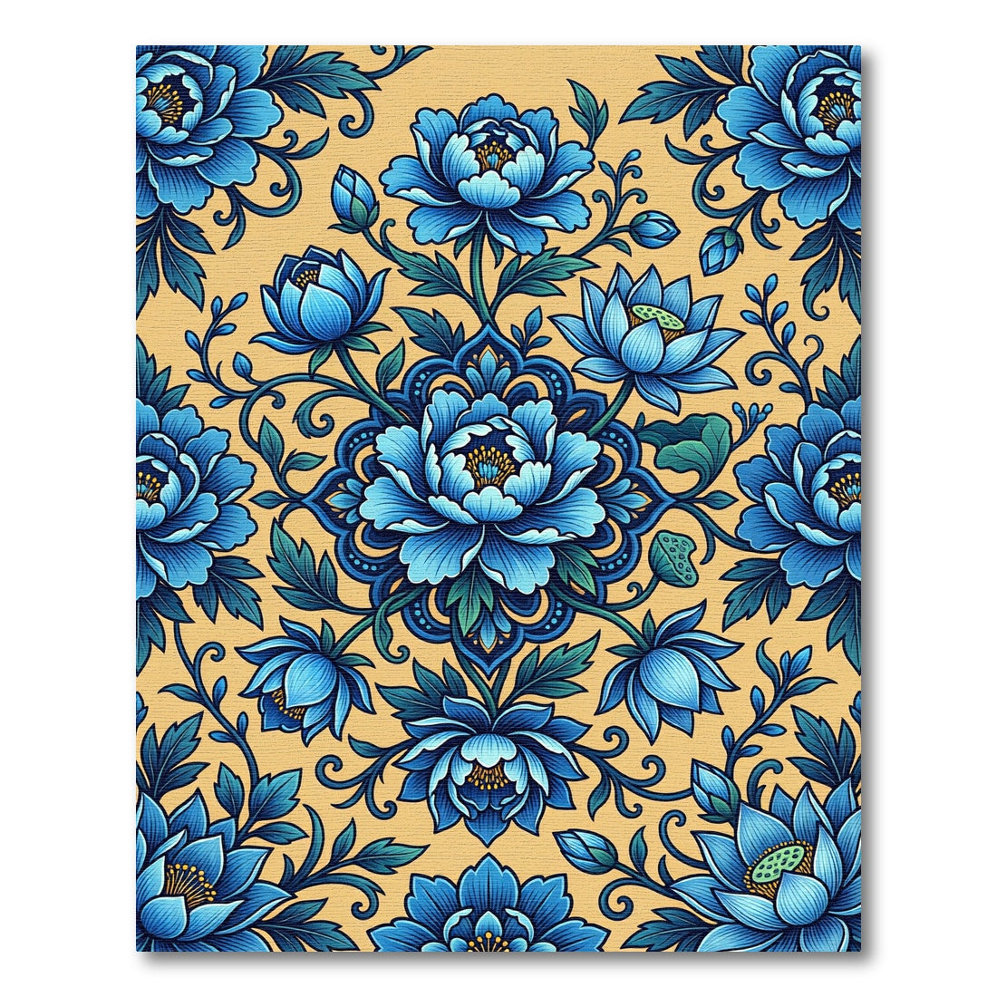 Blue Peony Medallion Floral Garden Rug