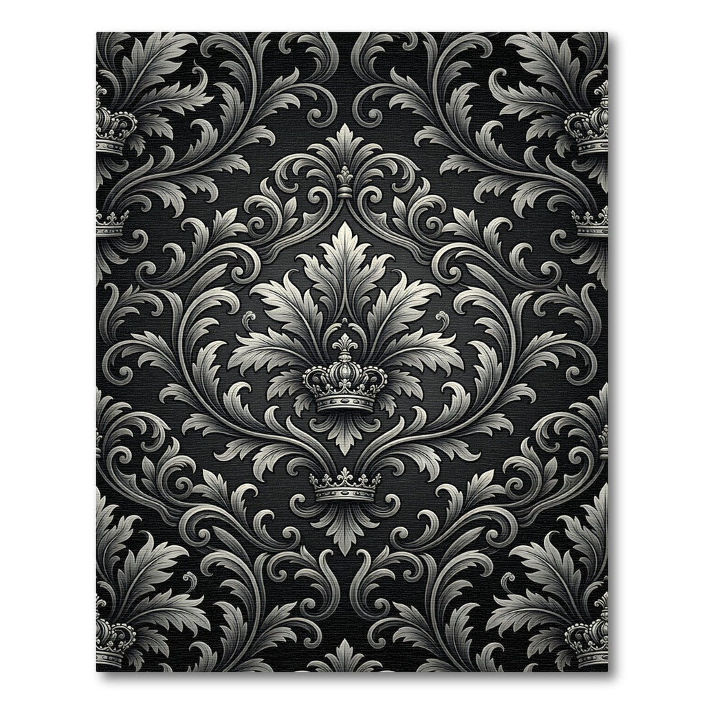 Ornate Black Silver Crown Damask Rug