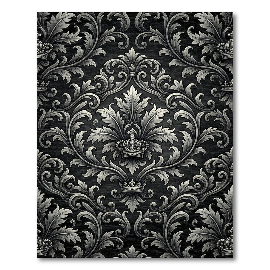 Ornate Black Silver Crown Damask Rug