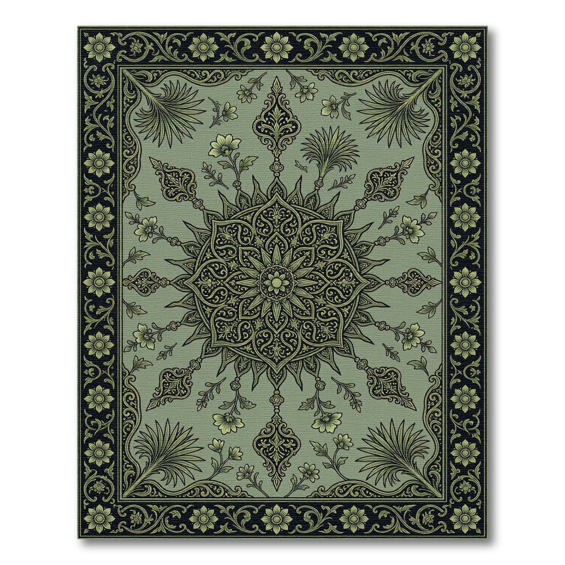 Sage Green Floral Medallion Border Rug