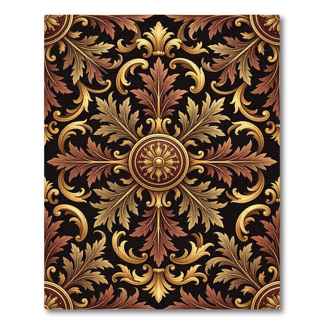Ornate Gold Crimson Damask Rug