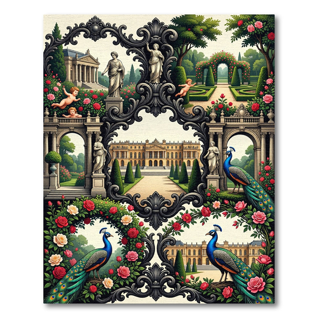 Ornate Peacock Rose Garden Scene Rug