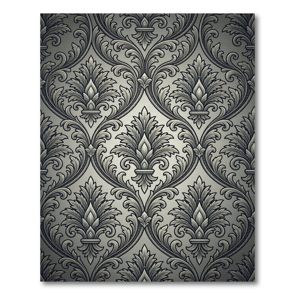 Monochrome Ornate Damask Fleur de Lis Rug