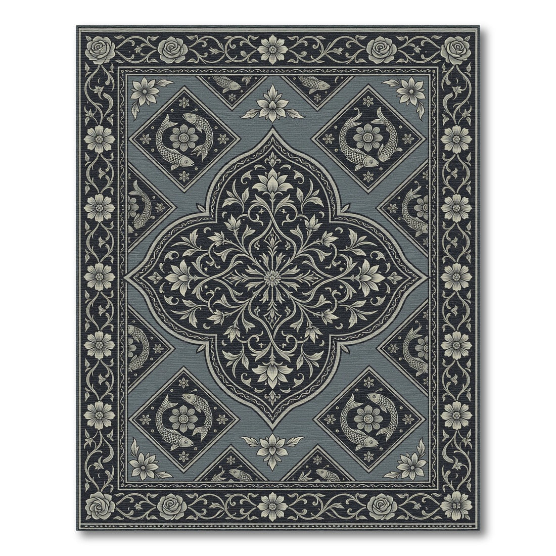 Elegant Slate Floral Koi Medallion Rug