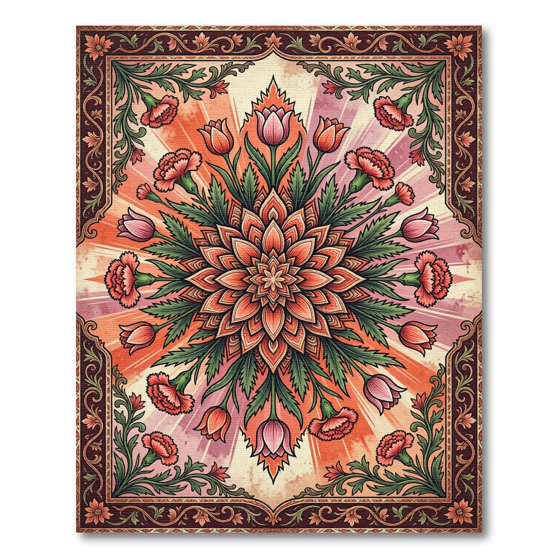 Radiant Coral Floral Burst Mandala Rug