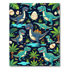 Playful Teal Dinosaur Jungle Habitat Rug