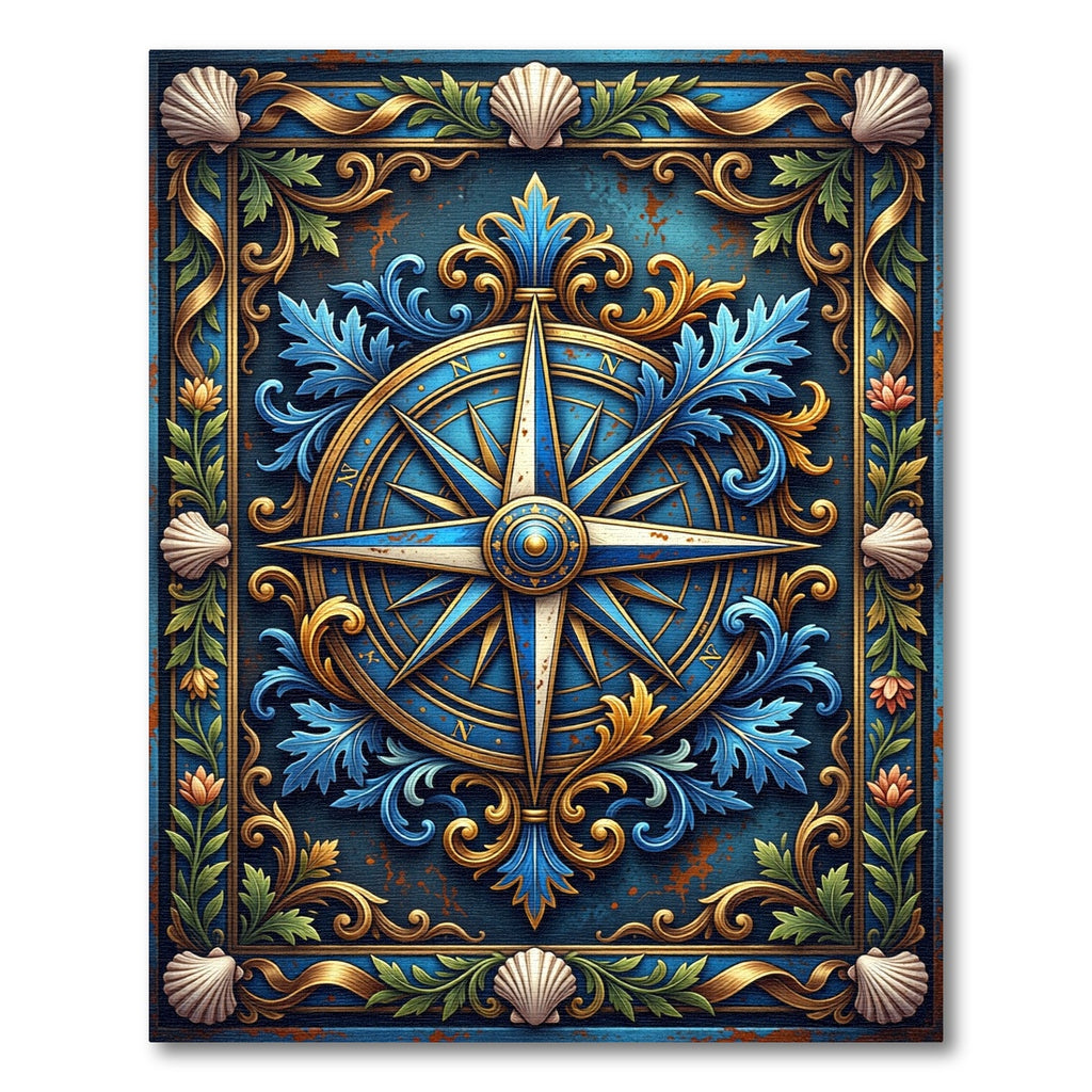 Ornate Navy Nautical Compass Shell Accent Rug