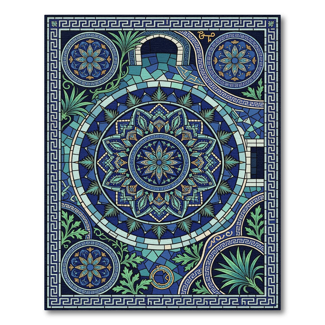 Deep Blue Stained Glass Floral Medallion Rug