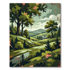 Serene Mountain Valley Forest Landscape Rug