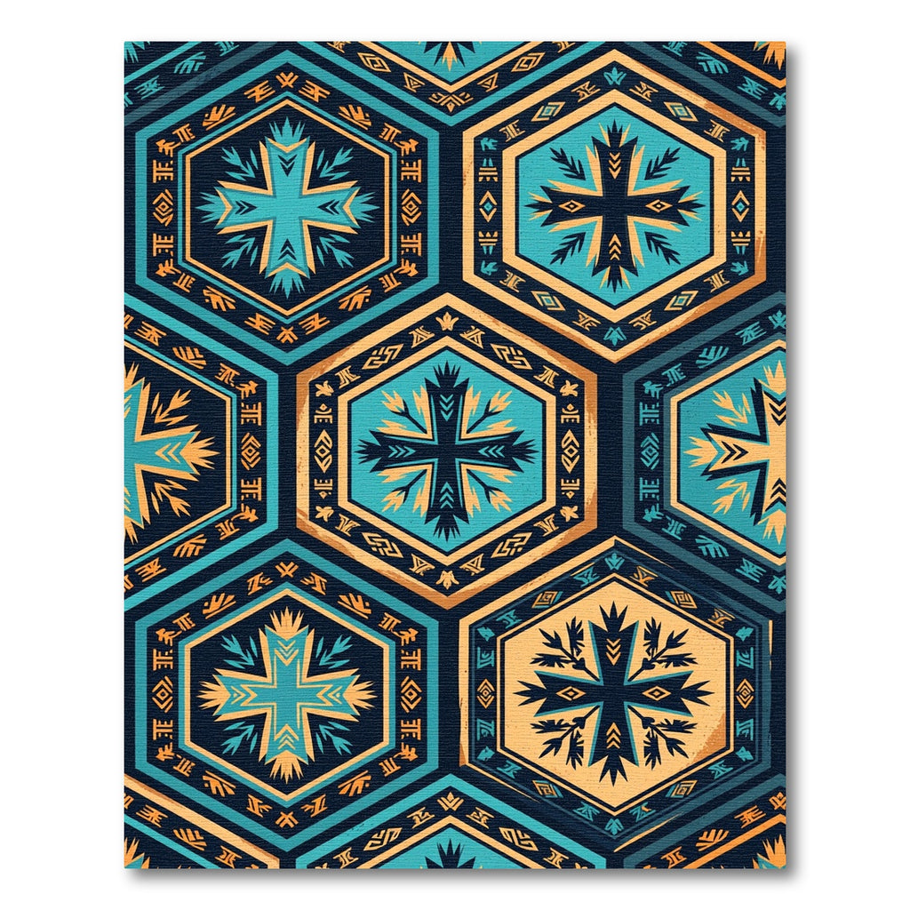 Teal and Gold Geometric Hexagon Medallion Rug