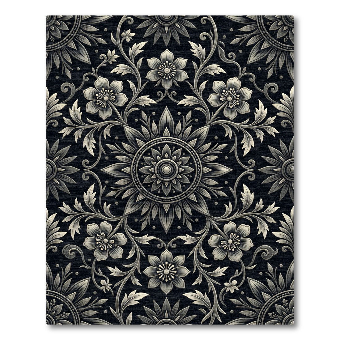 Ornate Black Floral Scrollwork Rug