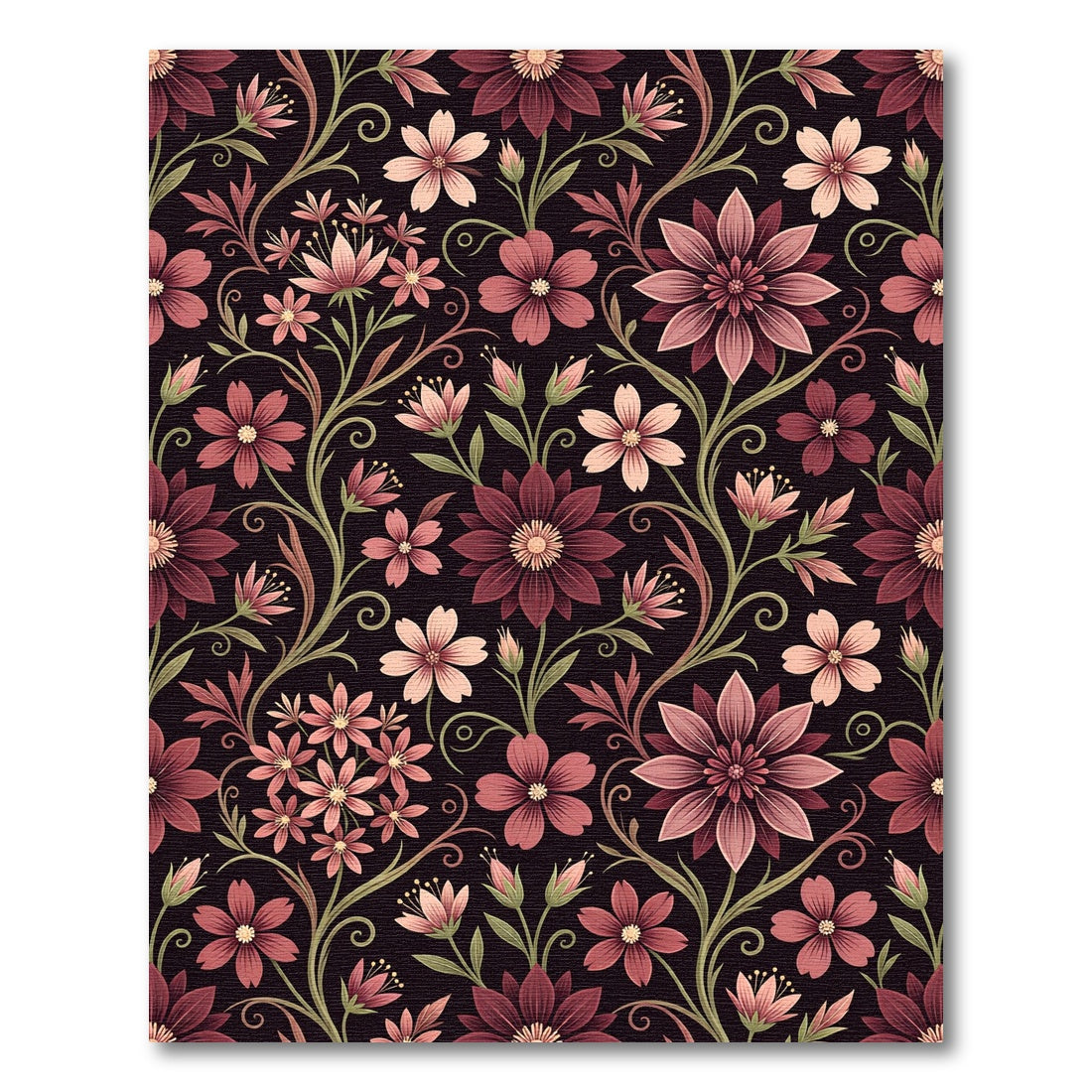 Dark Burgundy Floral Moody Botanical Illustration Rug