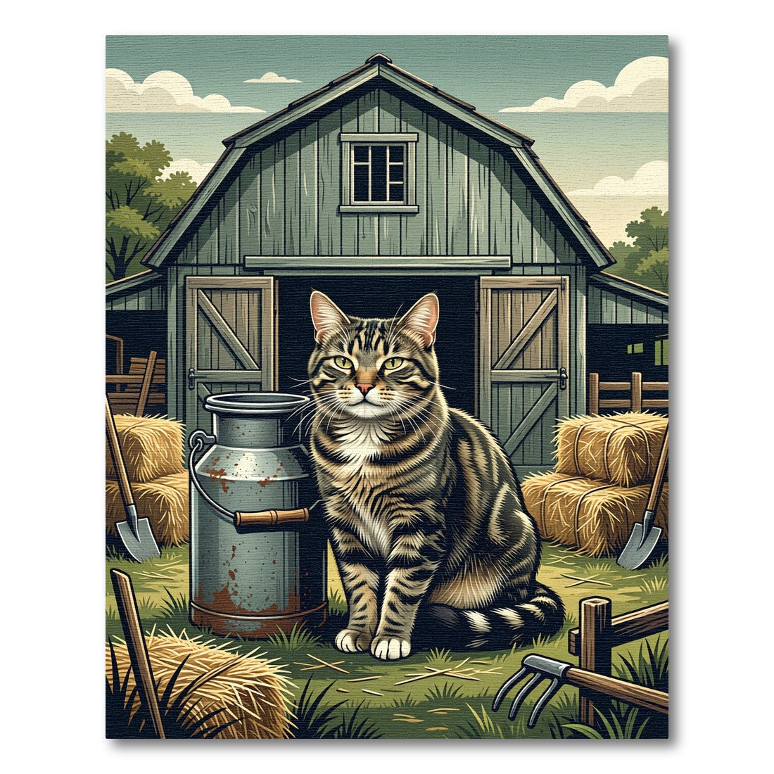 Rustic Tabby Cat Farmhouse Milk Can Rug