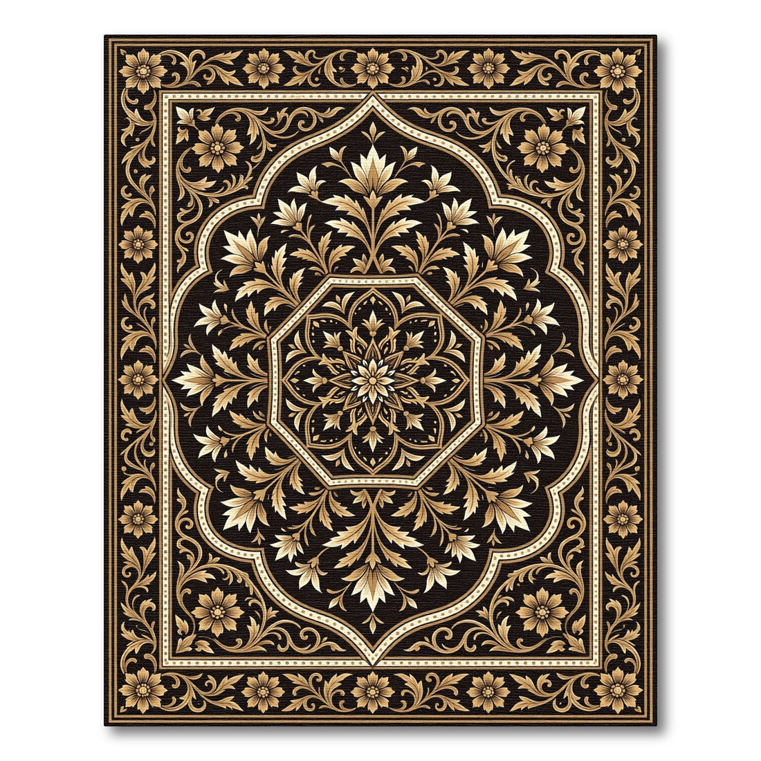 Elegant Black Gold Floral Medallion Rug