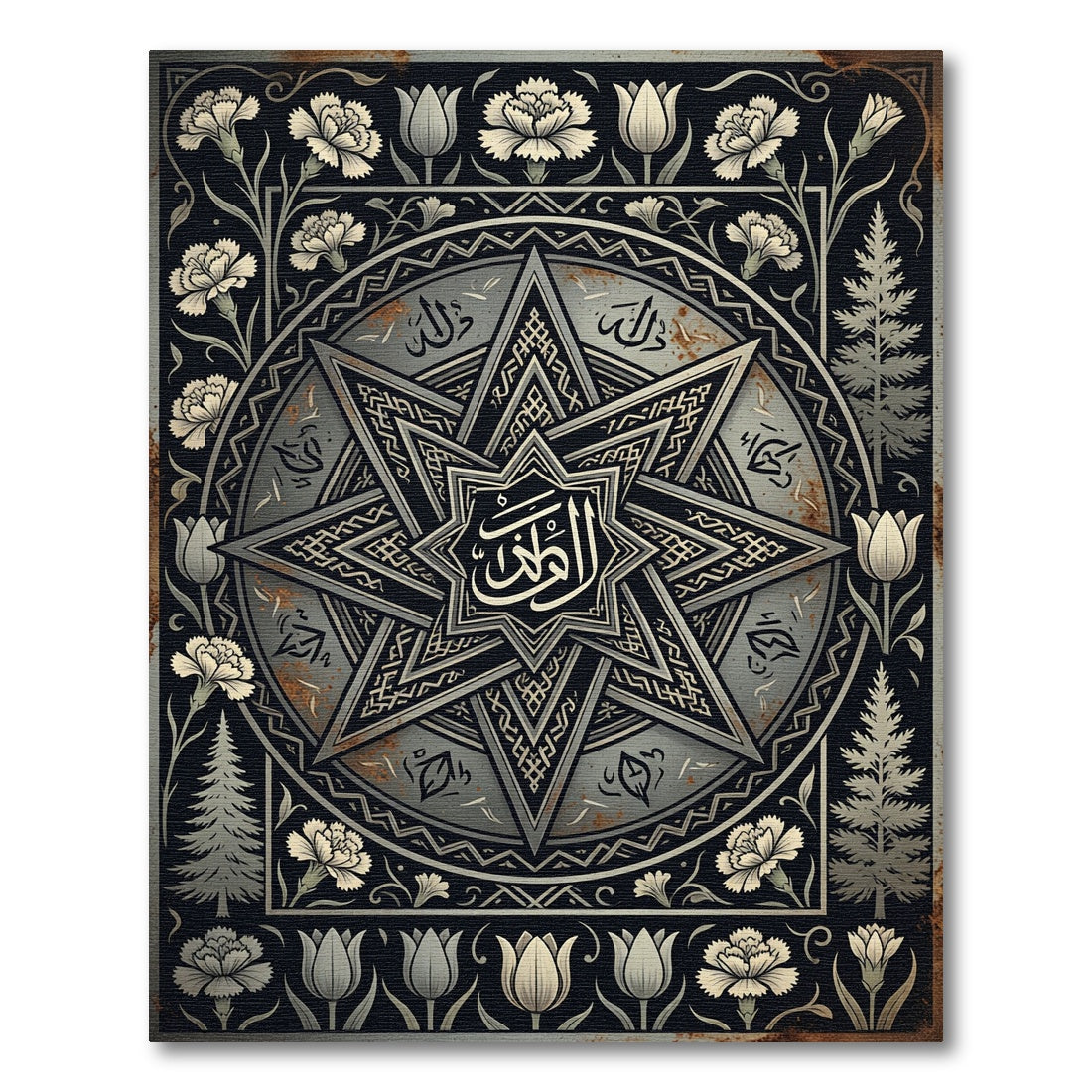 Monochromatic Floral Star Geometric Medallion Rug