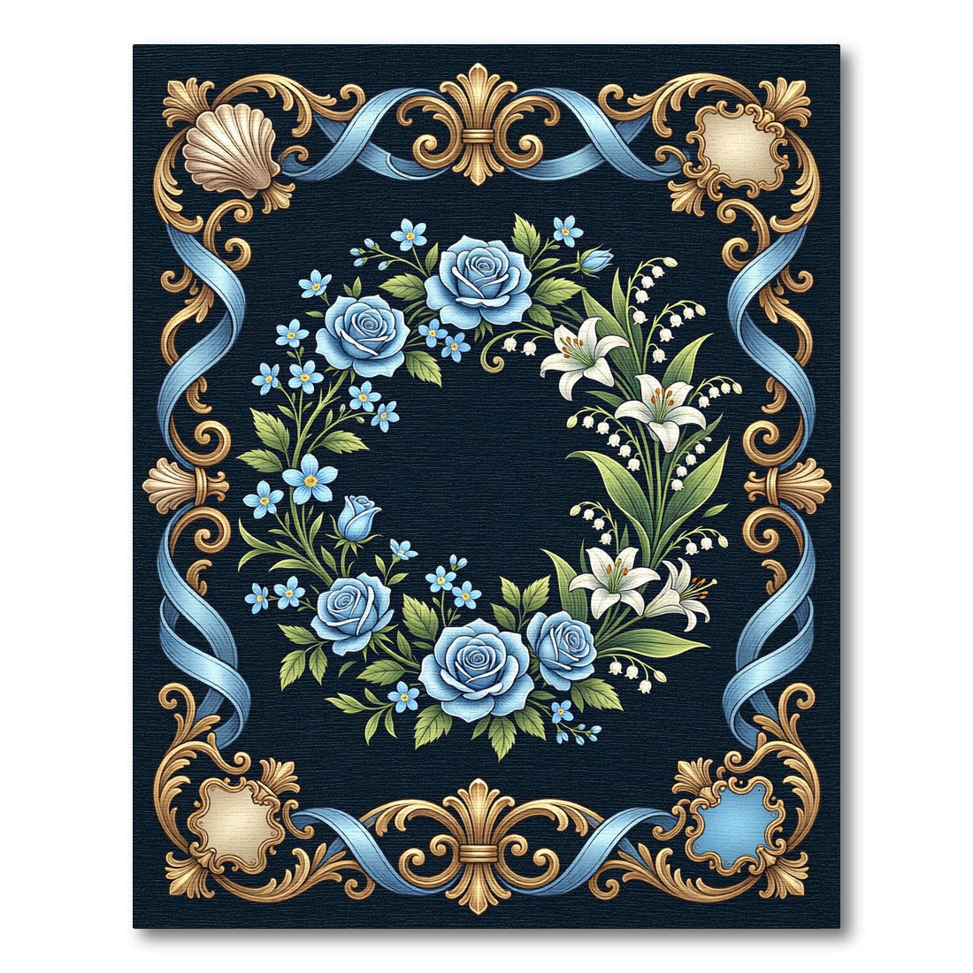 Ornate Blue Rose Laurel Wreath Rug
