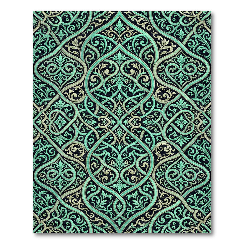 Intricate Teal Beige Arabesque Lattice Rug