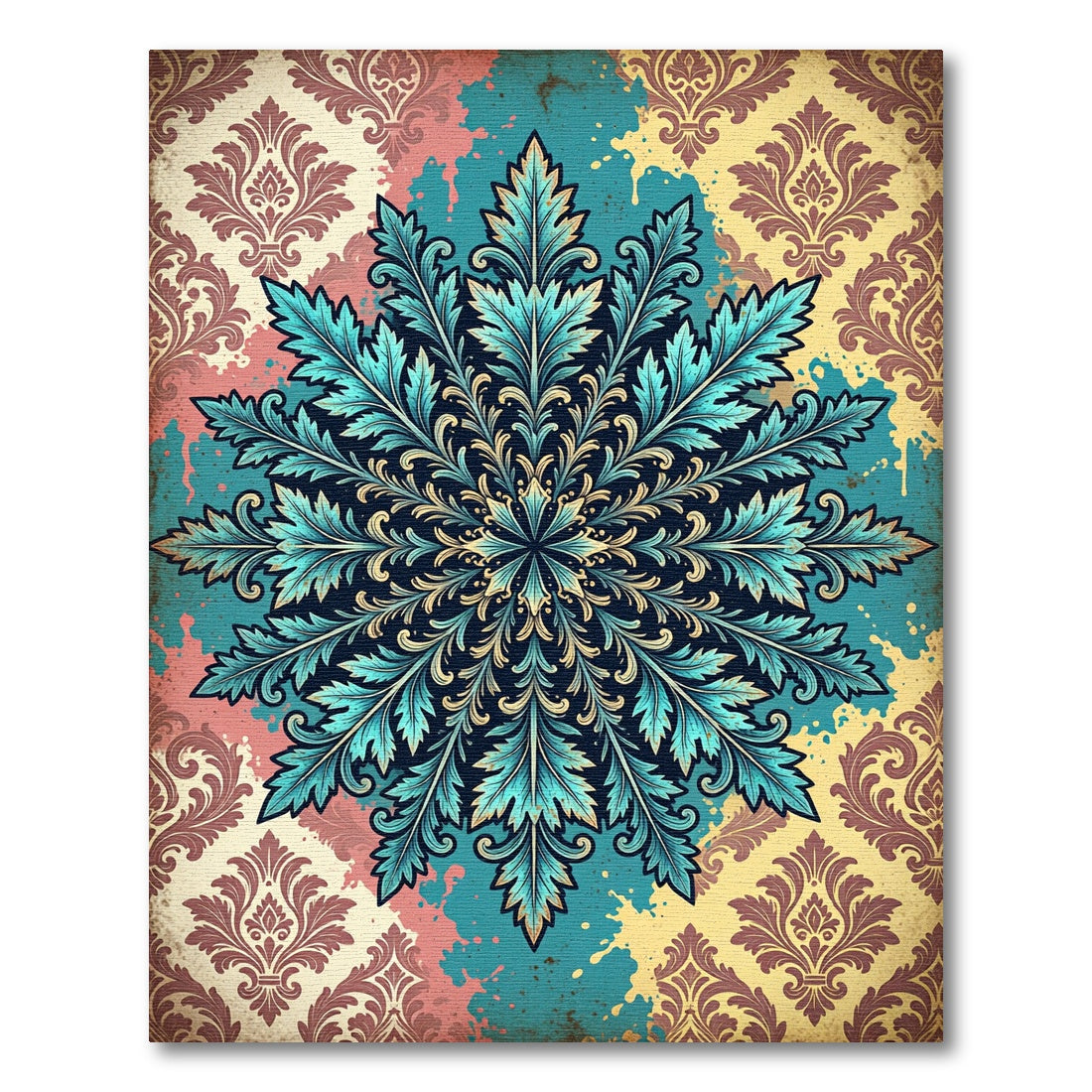 Teal Botanical Damask Medallion Rug