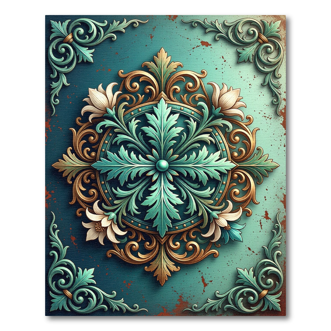 Ornate Teal Gold Floral Medallion Rug