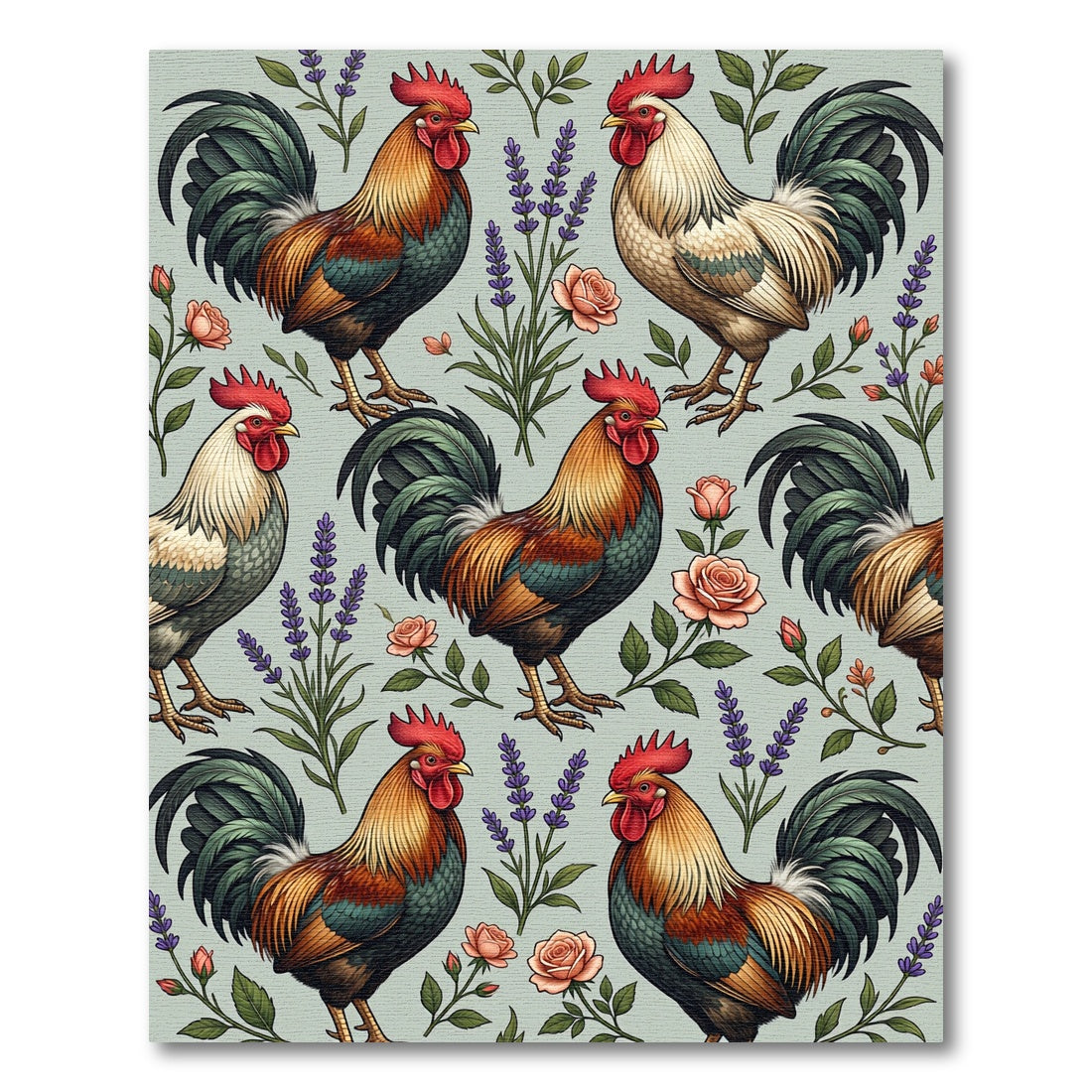 Vintage Country Rooster Lavender Rose Art Rug