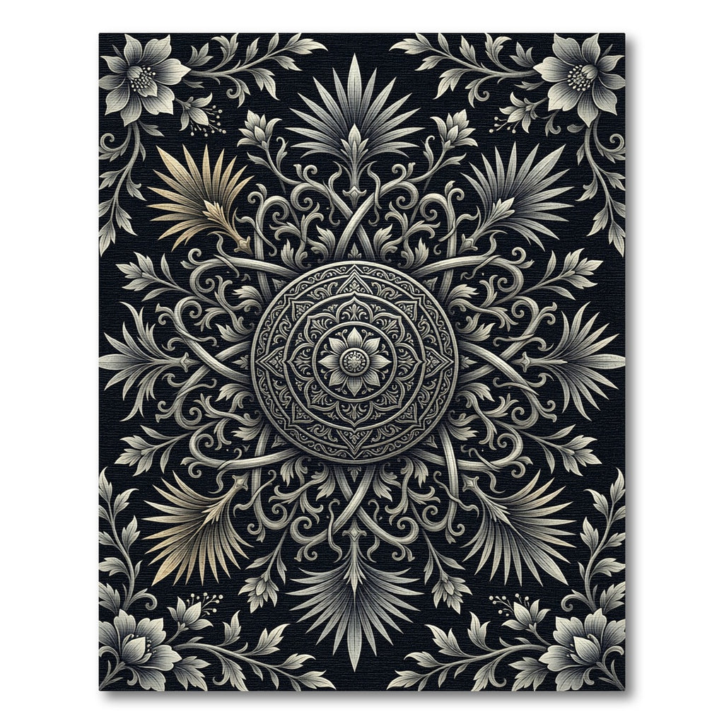 Detailed Silver Floral Mandala Statement Piece Rug