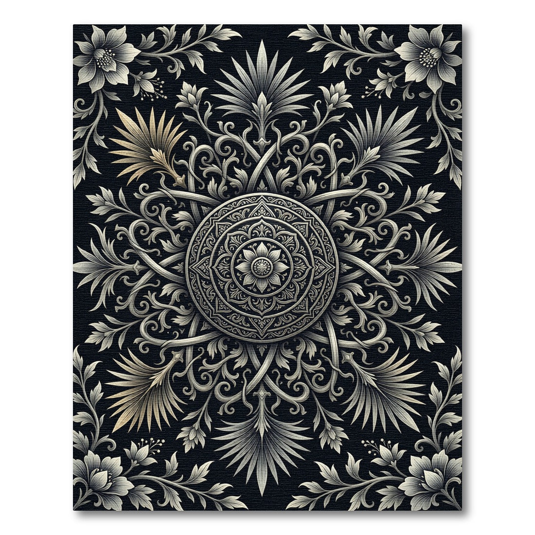 Detailed Silver Floral Mandala Statement Piece Rug