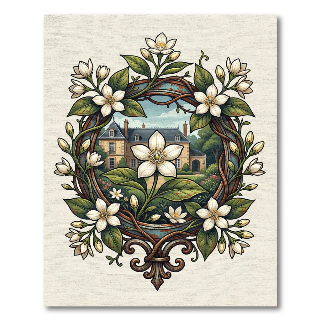 Elegant White Jasmine French Manor Wreath Rug