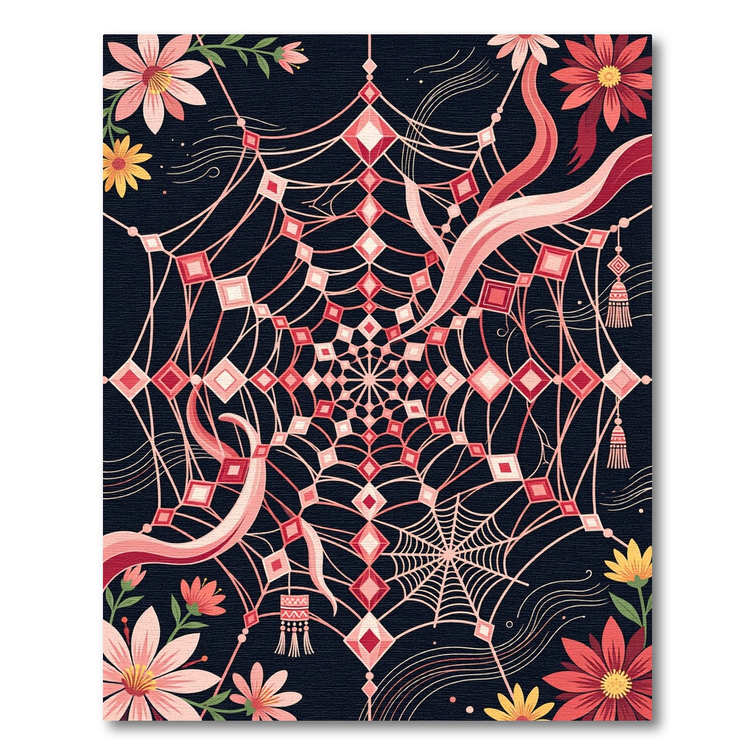 Ethereal Crimson Floral Spider Web Rug