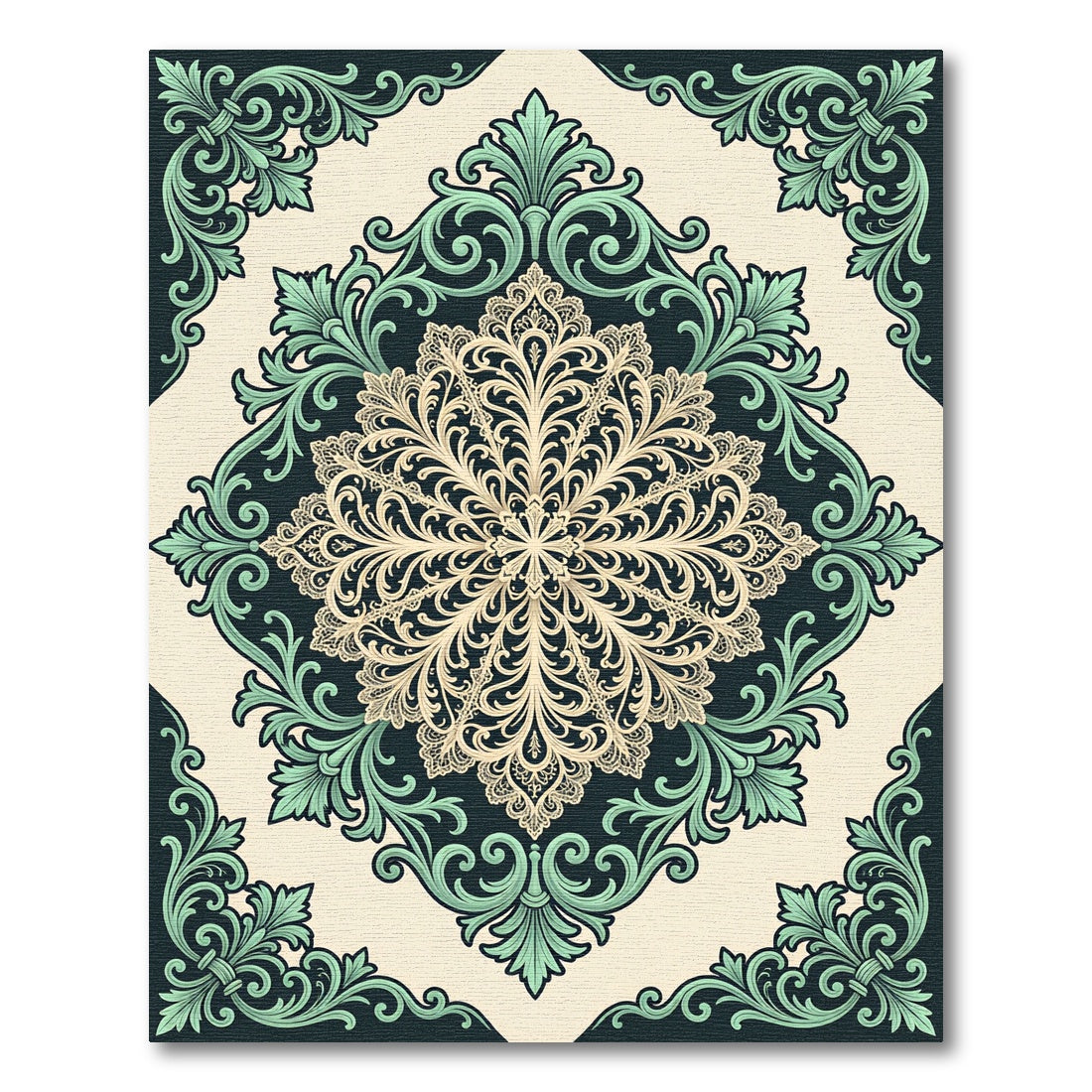 Elegant Sage Cream Ornate Victorian Medallion Rug