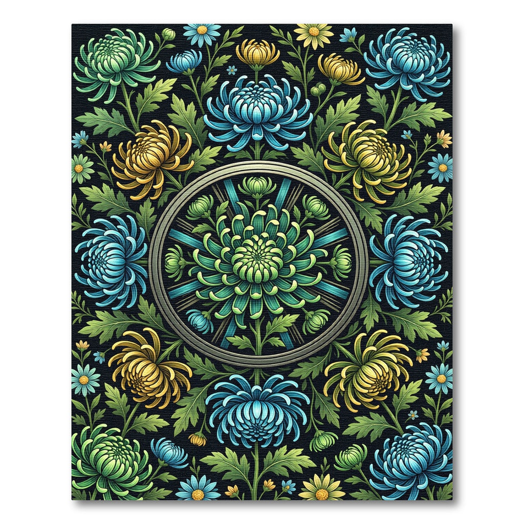 Radiant Blue and Gold Chrysanthemum Medallion Rug