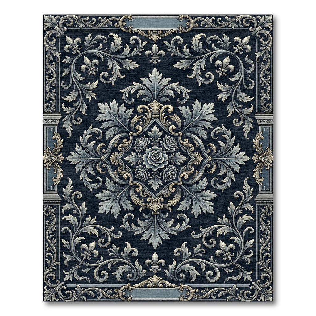 Navy Blue Floral Scroll Baroque Rug