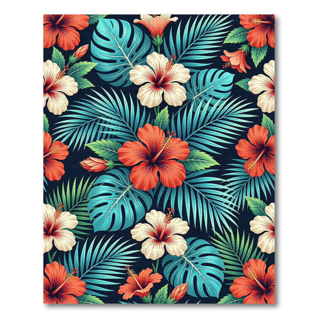 Lush Tropical Hibiscus and Palm Leaf Rug