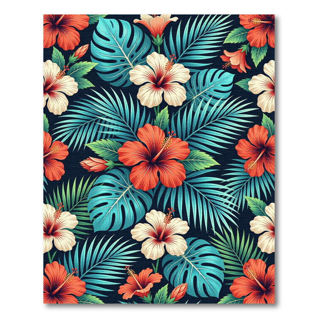 Lush Tropical Hibiscus and Palm Leaf Rug