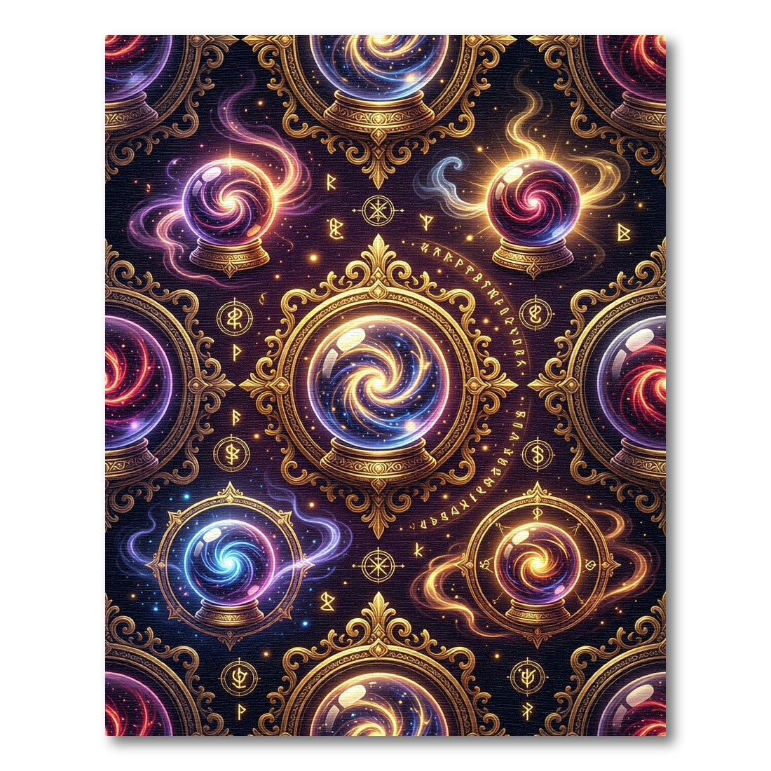 Celestial Crystal Orb Gold Galaxy Rug