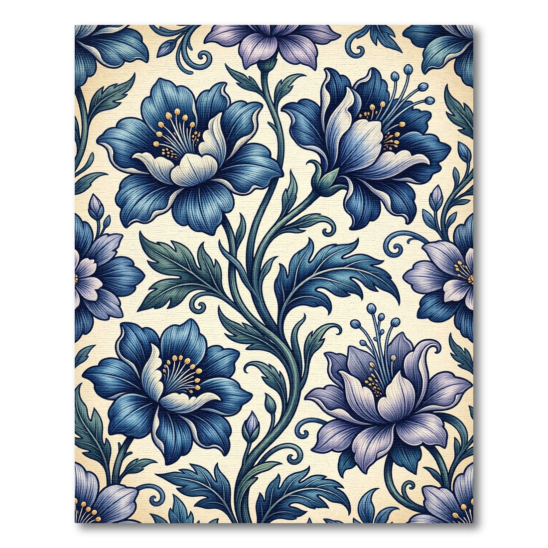 Elegant Indigo Floral Scroll Botanical Rug