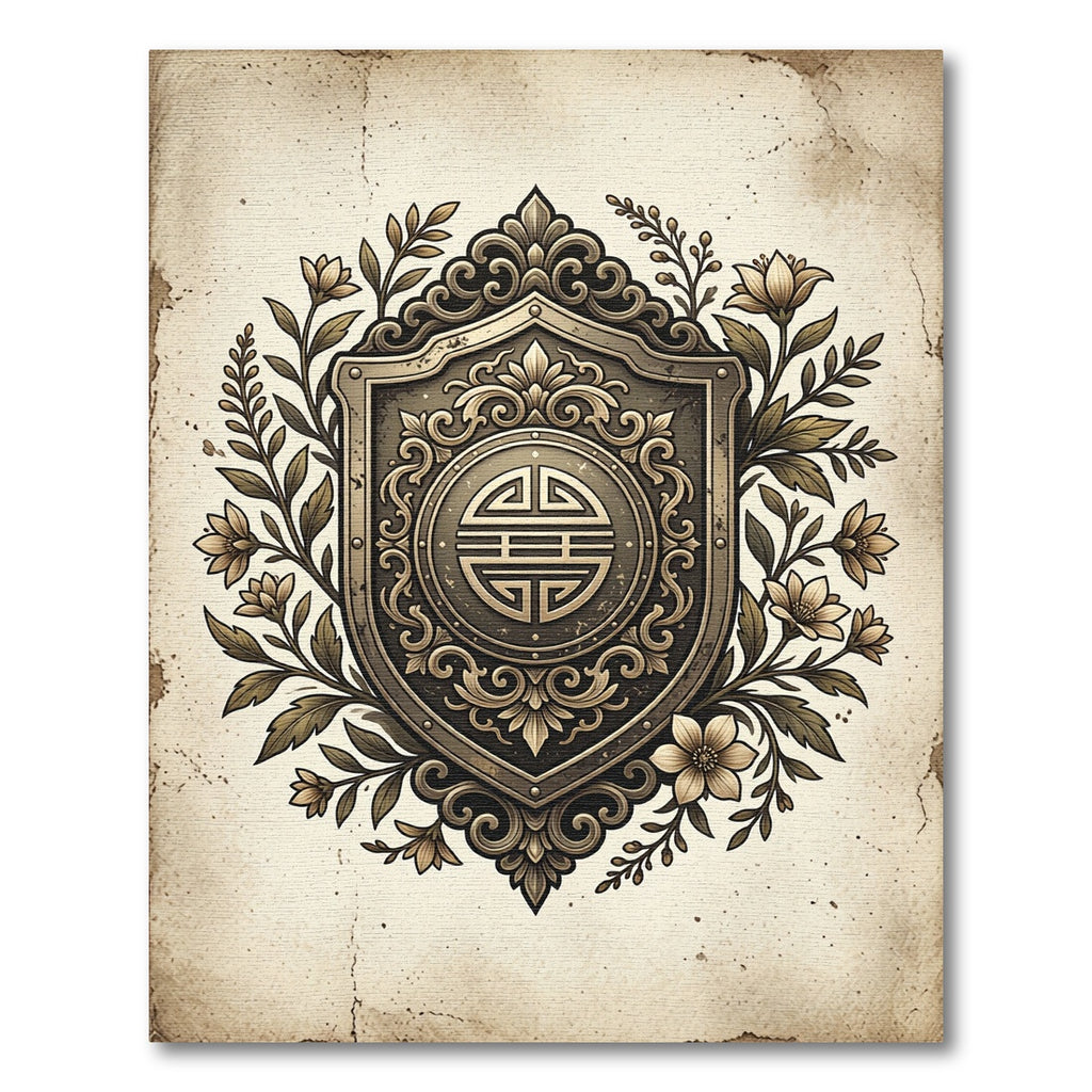 Ornate Golden Emblem Floral Border Rug