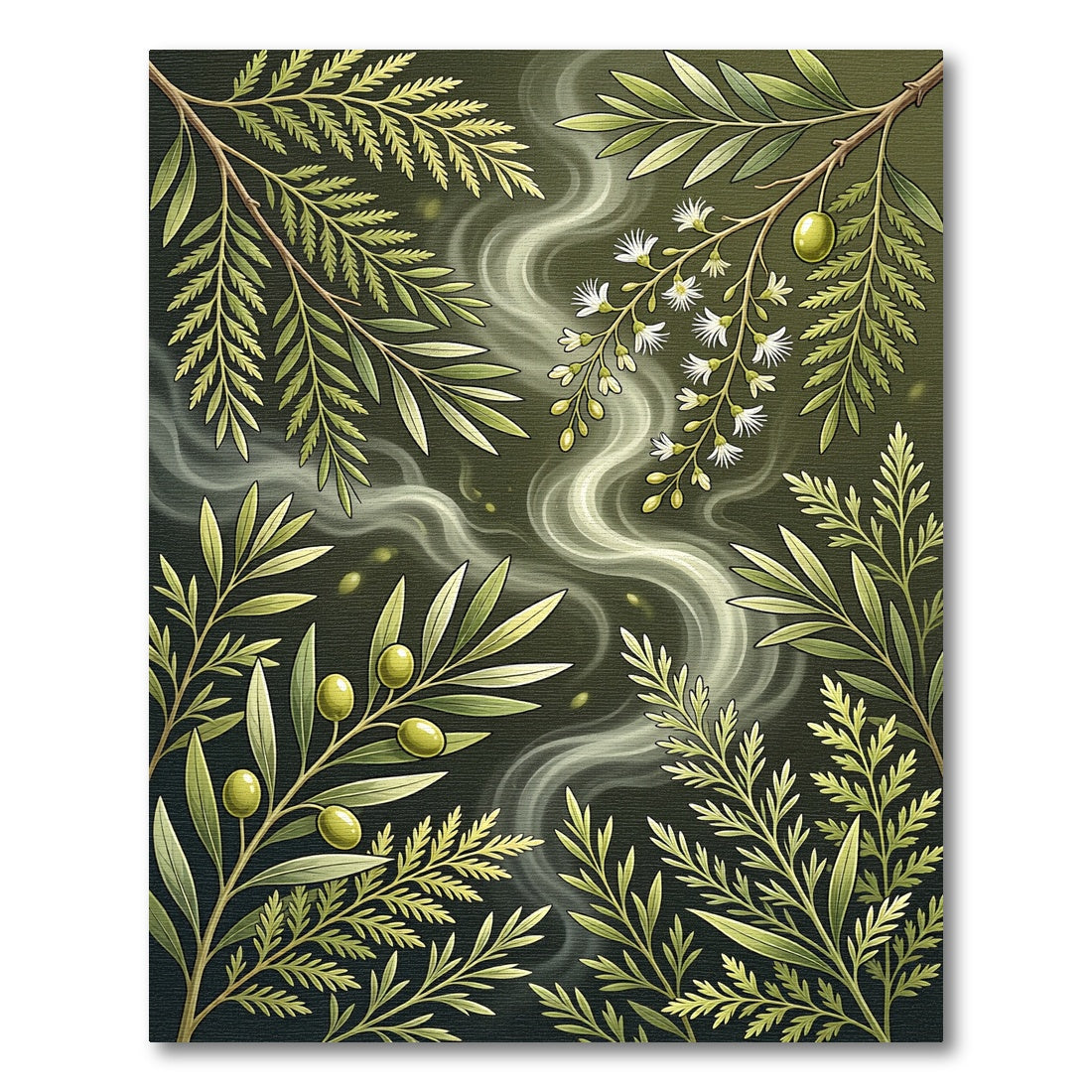 Earthy Sage Botanical Olive Branch Illustration Rug