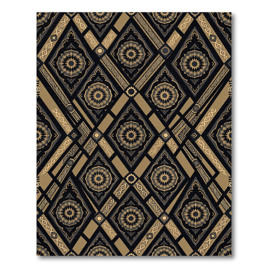 Gold Black Ornate Geometric Diamond Rug
